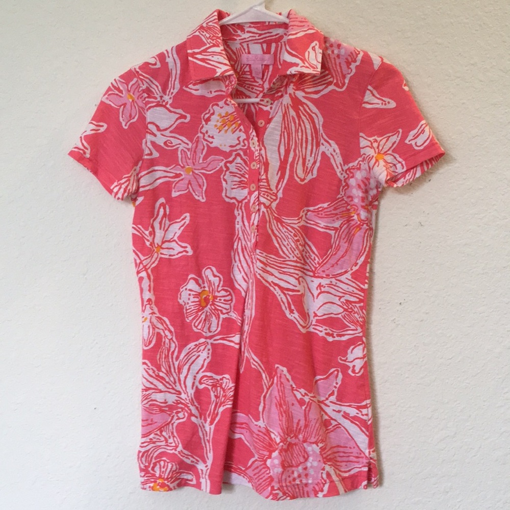 Lilly Pulitzer floral pink polo size small